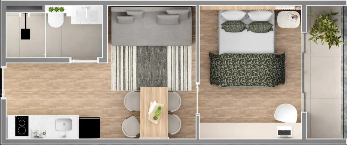 Planta humanizada do studio de 30 m²